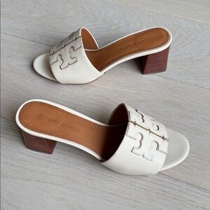 Tory Burch Ines Sandals Mules Slide-On Shoes Heels Size 6 Cream Ivory Gold Brown
